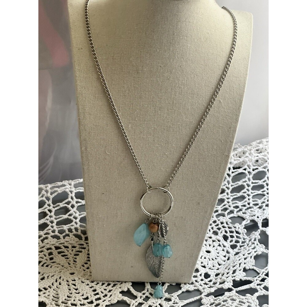 Boho Aqua Blue Bead Feather Charm Necklace Silver Tone Long 30” Statement